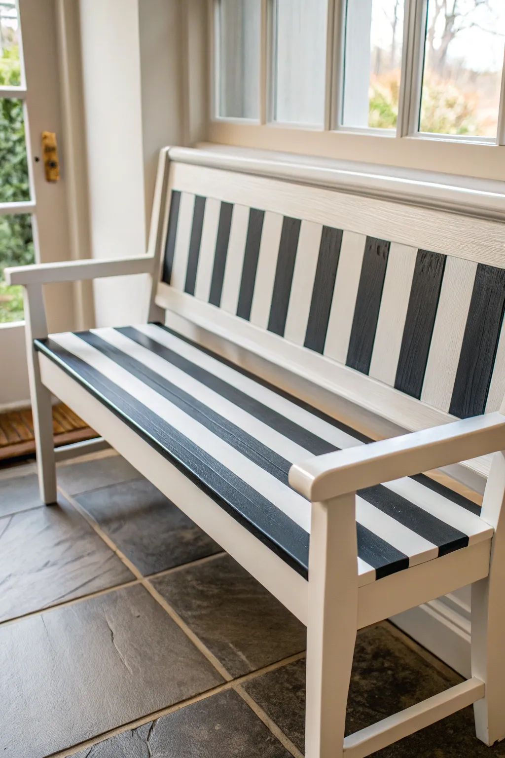 Crisp lengthwise stripes and a smooth finish turn a simple bench into a modern statement
