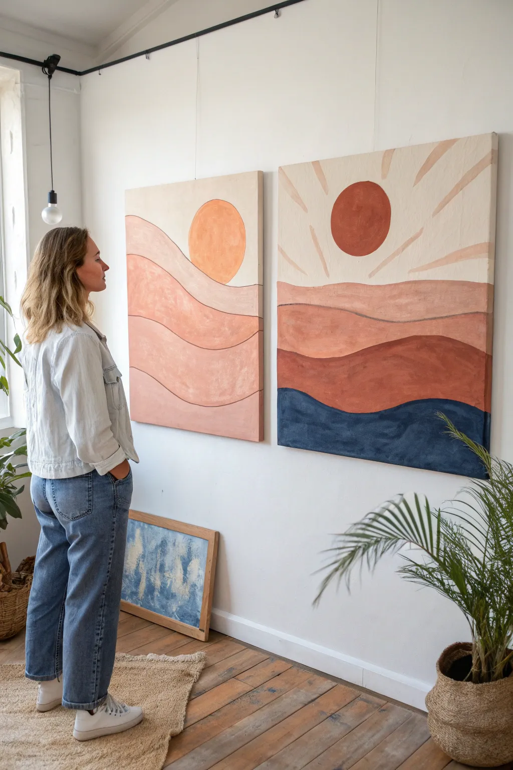 Sun and moon best-friend duo on two canvases, warm day and cool night in perfect balance