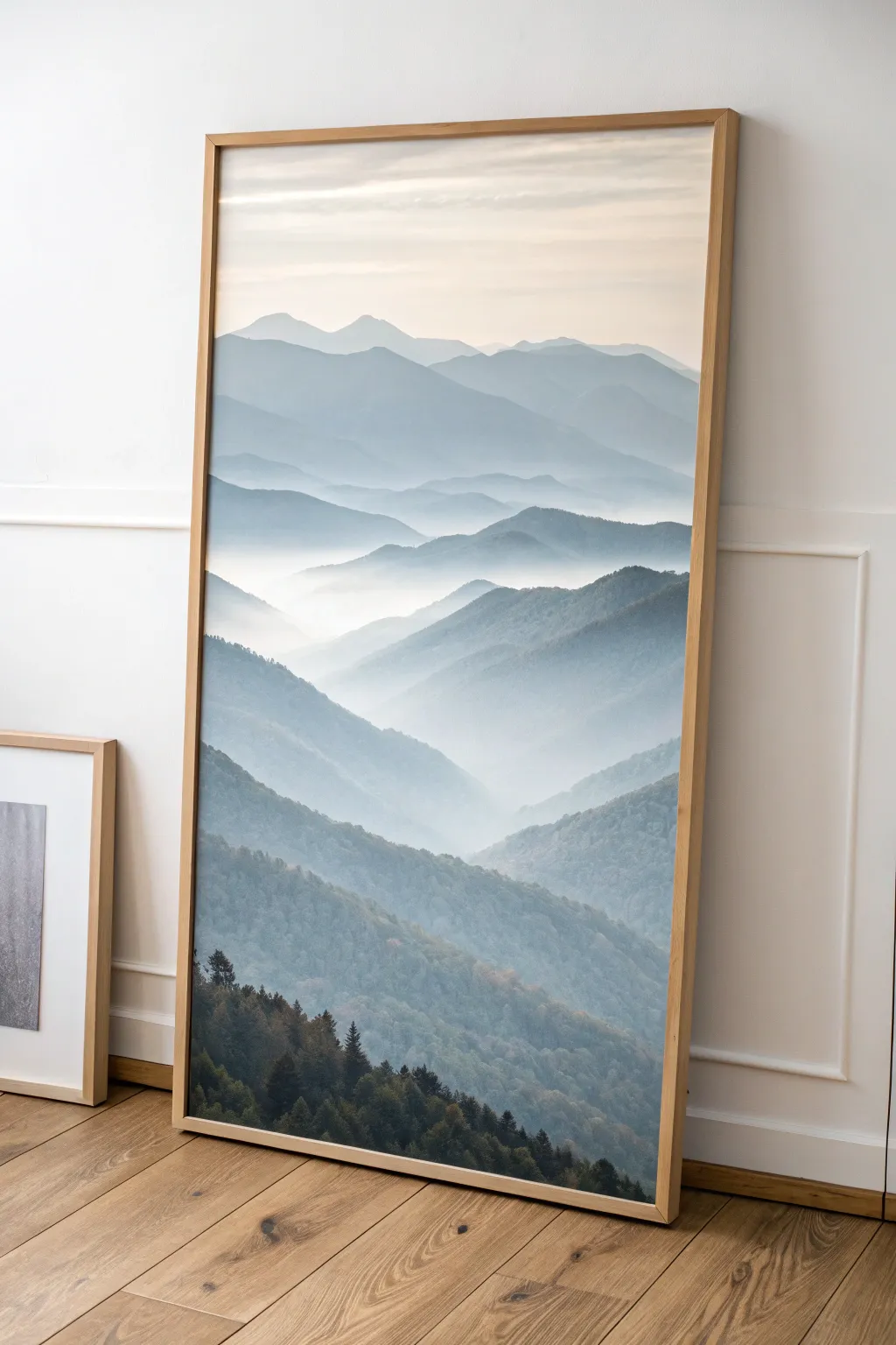 Minimal misty mountain layers on a large canvas, serene Scandinavian tones with handcrafted texture.