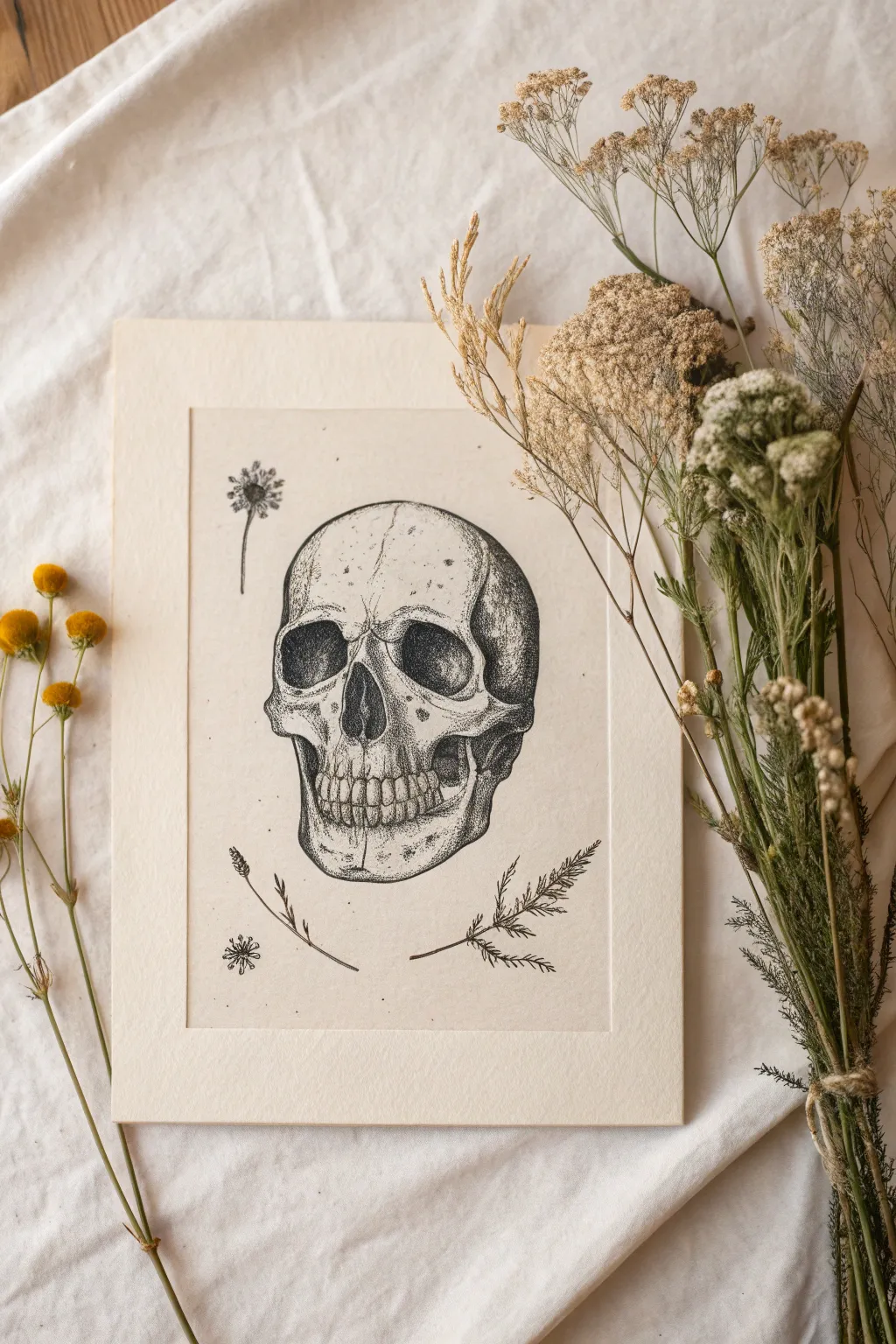 Minimal skull drawing with wildflowers rising above and roots reaching below, clean boho style.
