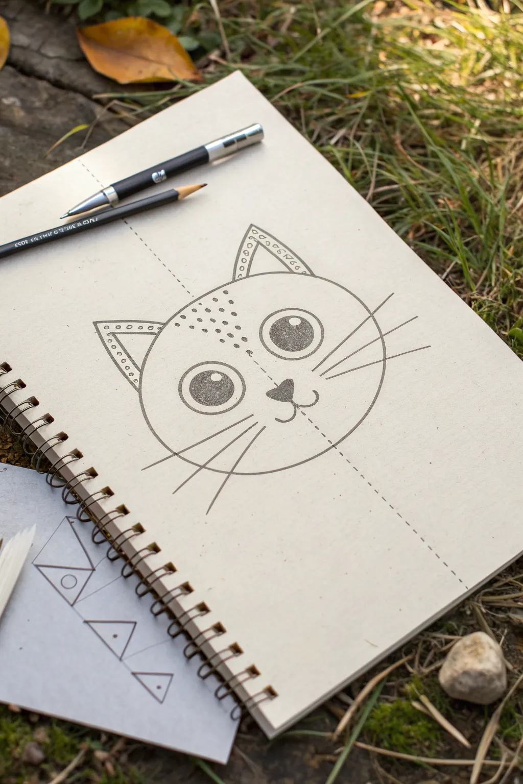 Large easy cat face drawing with bold whiskers, simple shapes, and calming white space