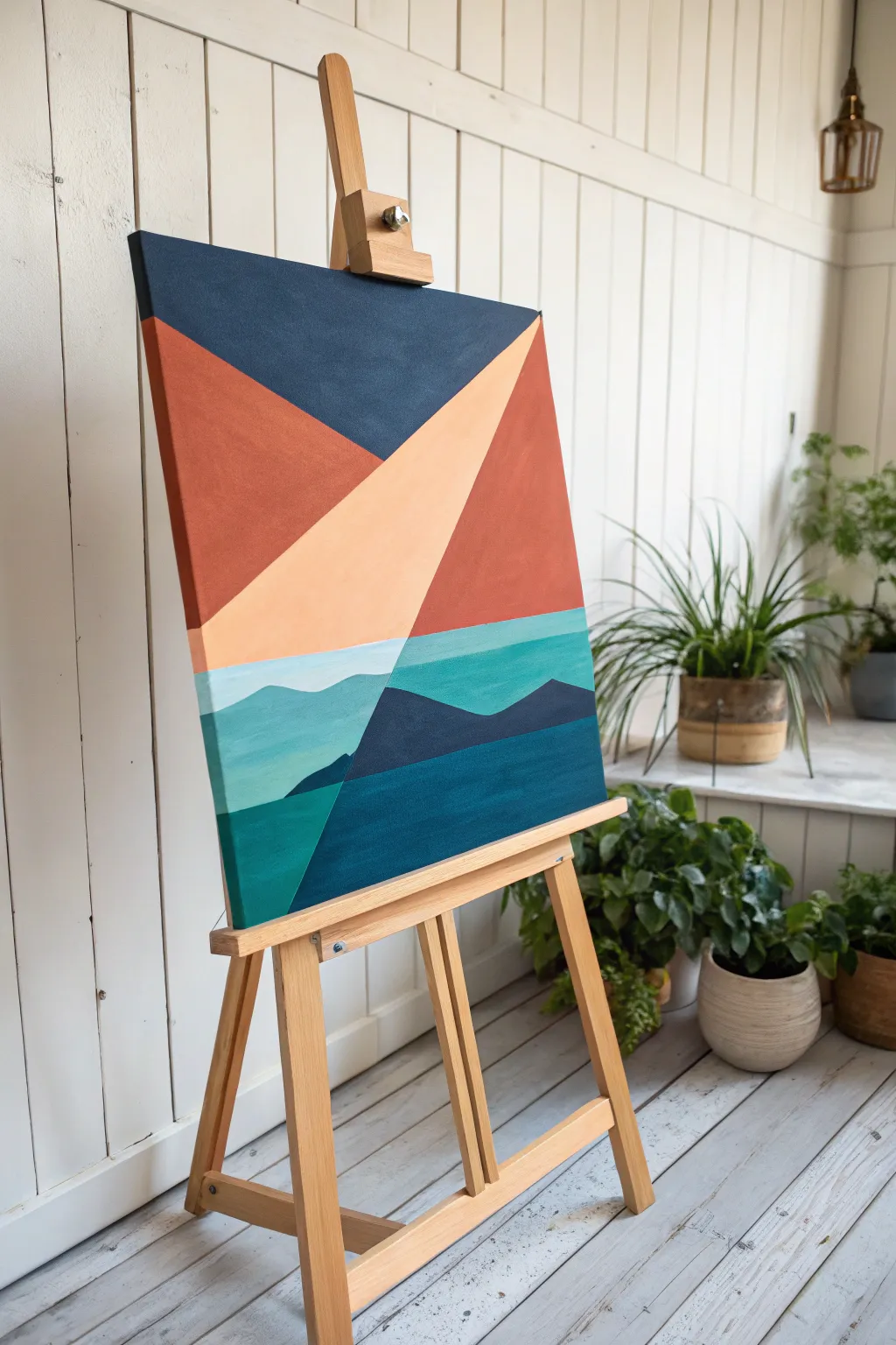 Big canvas color-block landscape with crisp tape lines for an easy bold statement piece.