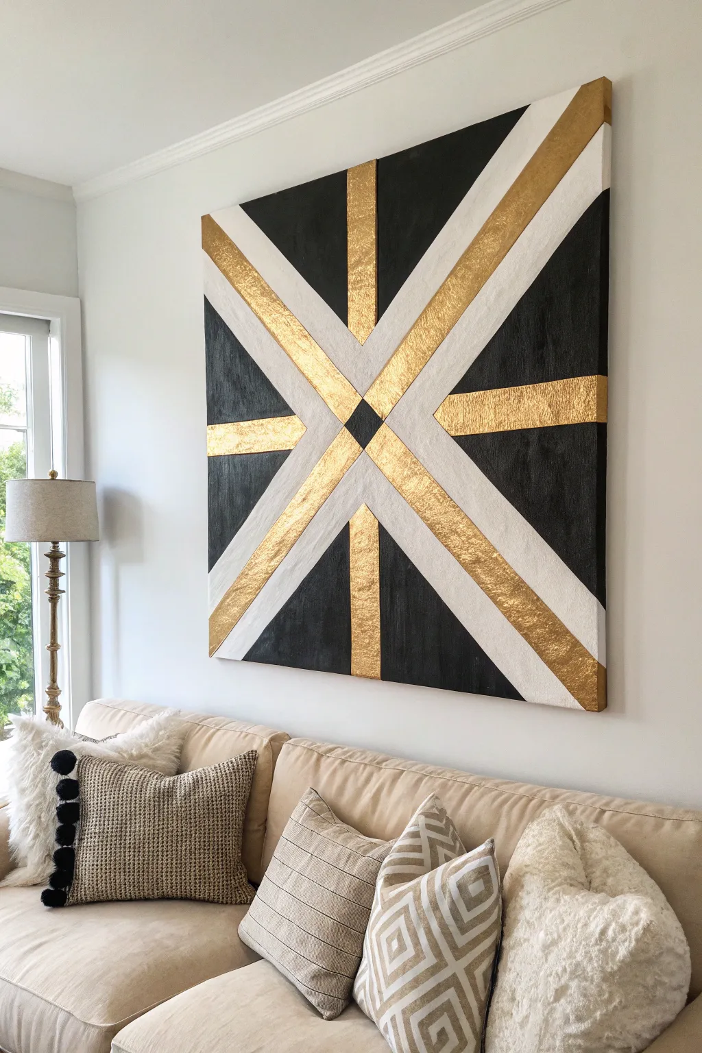 Create a stunning focal point with this bold geometric art piece in black, white, and gold.