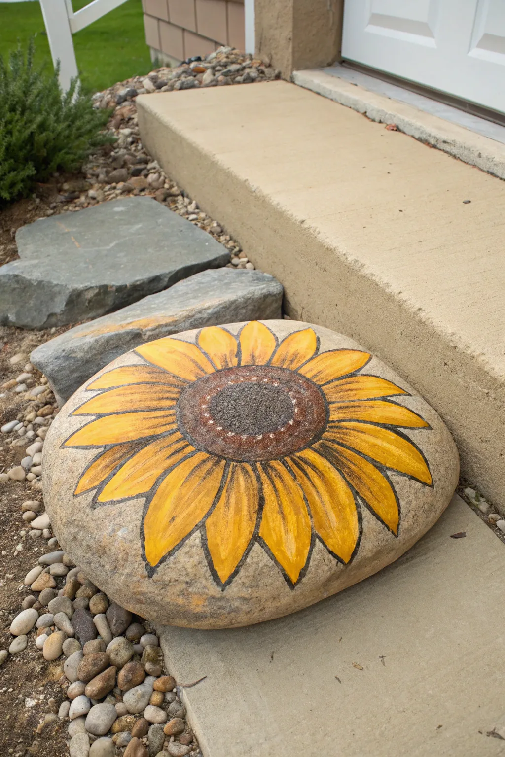 Flat big rock painted as a sunflower medallion, a minimalist boho garden accent with contrast