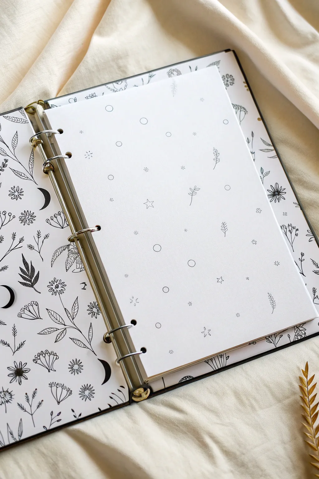 Busy-but-organized binder cover doodle collage with a crisp blank center ready for your title