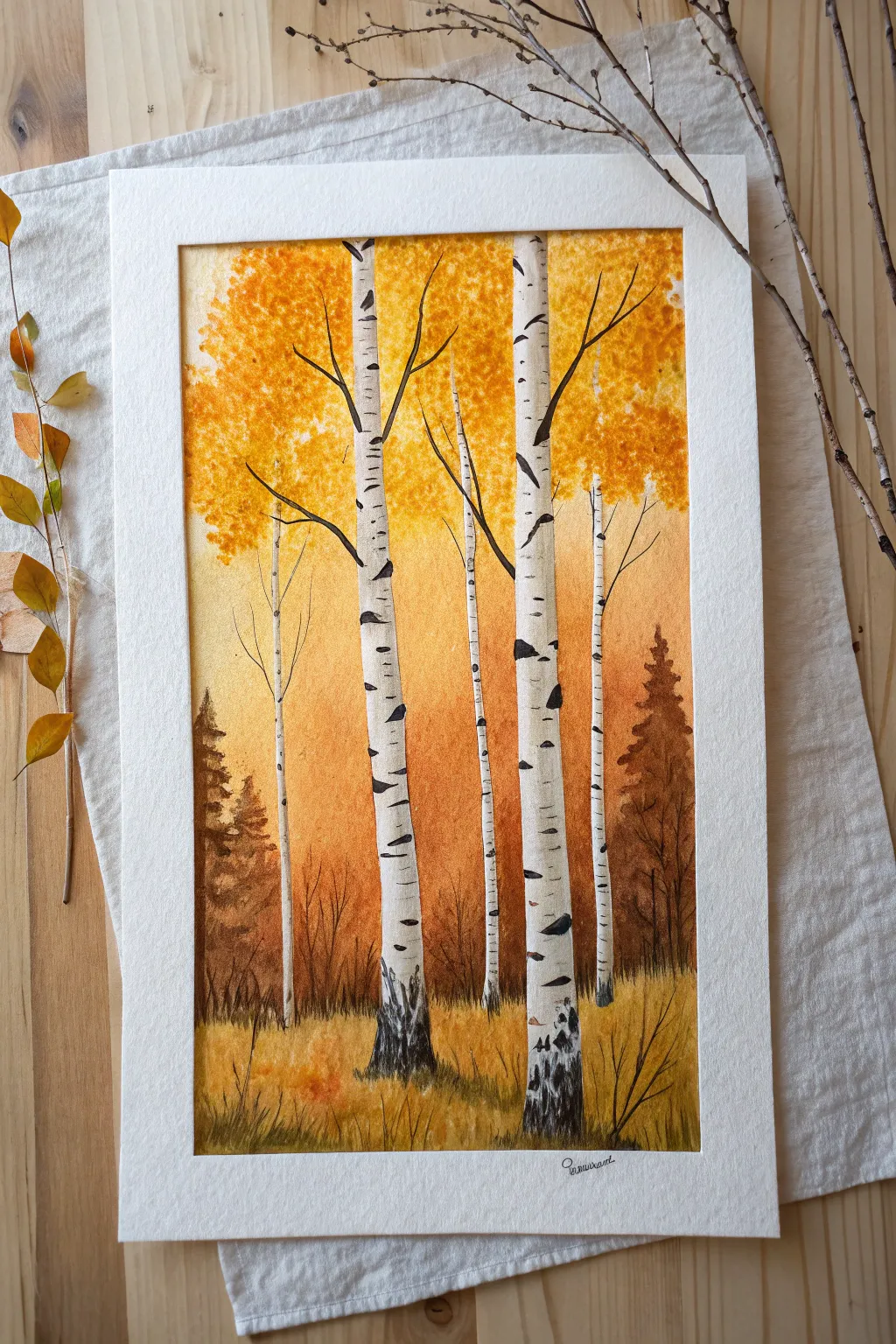 Golden birch grove in watercolor, where white trunks glow against warm autumn light.