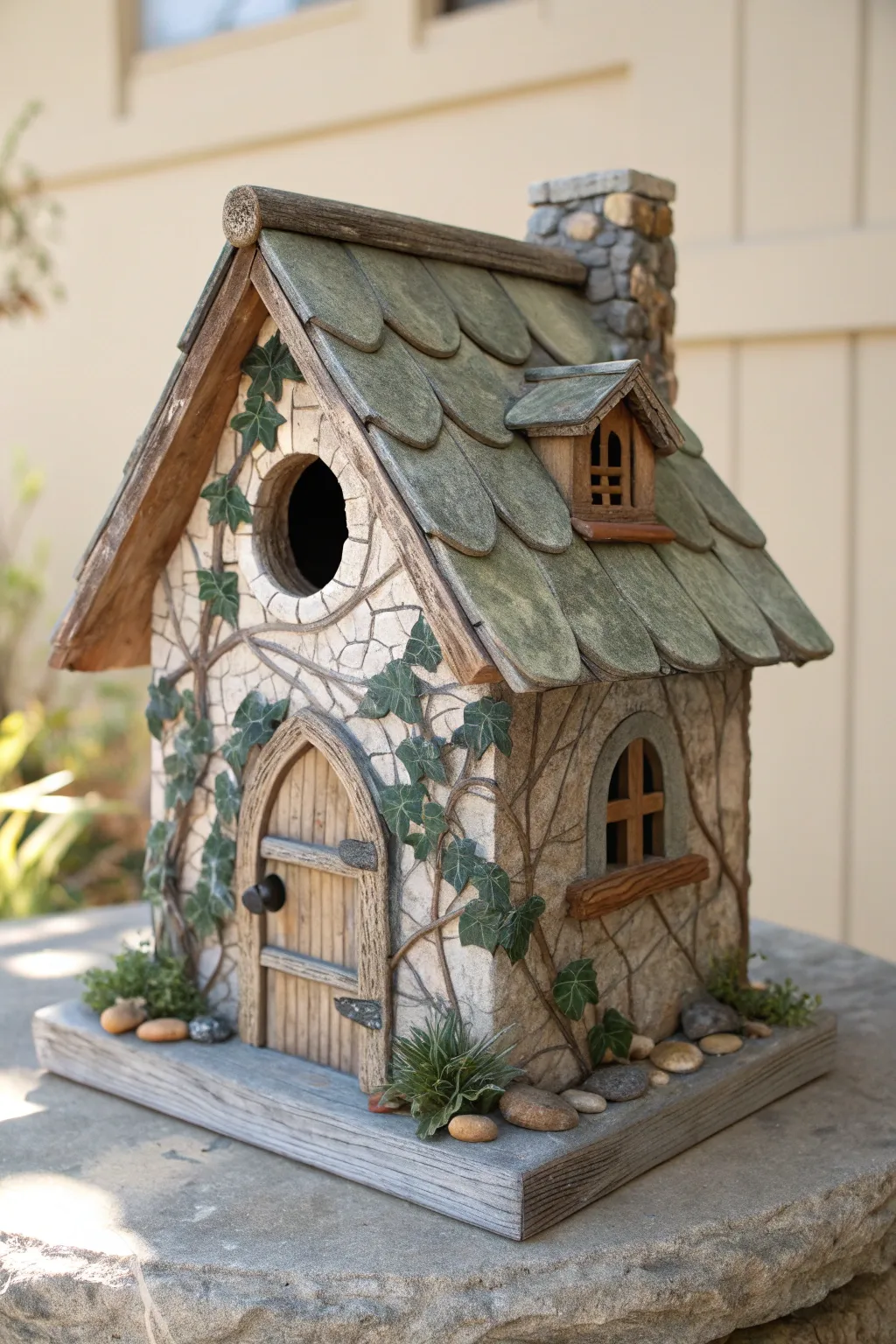 Create a magical garden retreat with this whimsical painted fairy cottage birdhouse design.