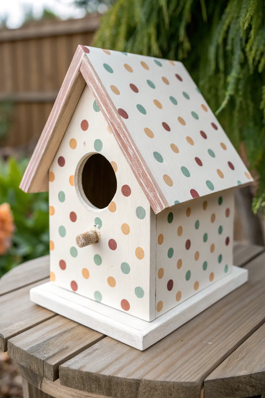 Bright polka dots on a minimalist birdhouse for a playful, modern look with crisp contrast.