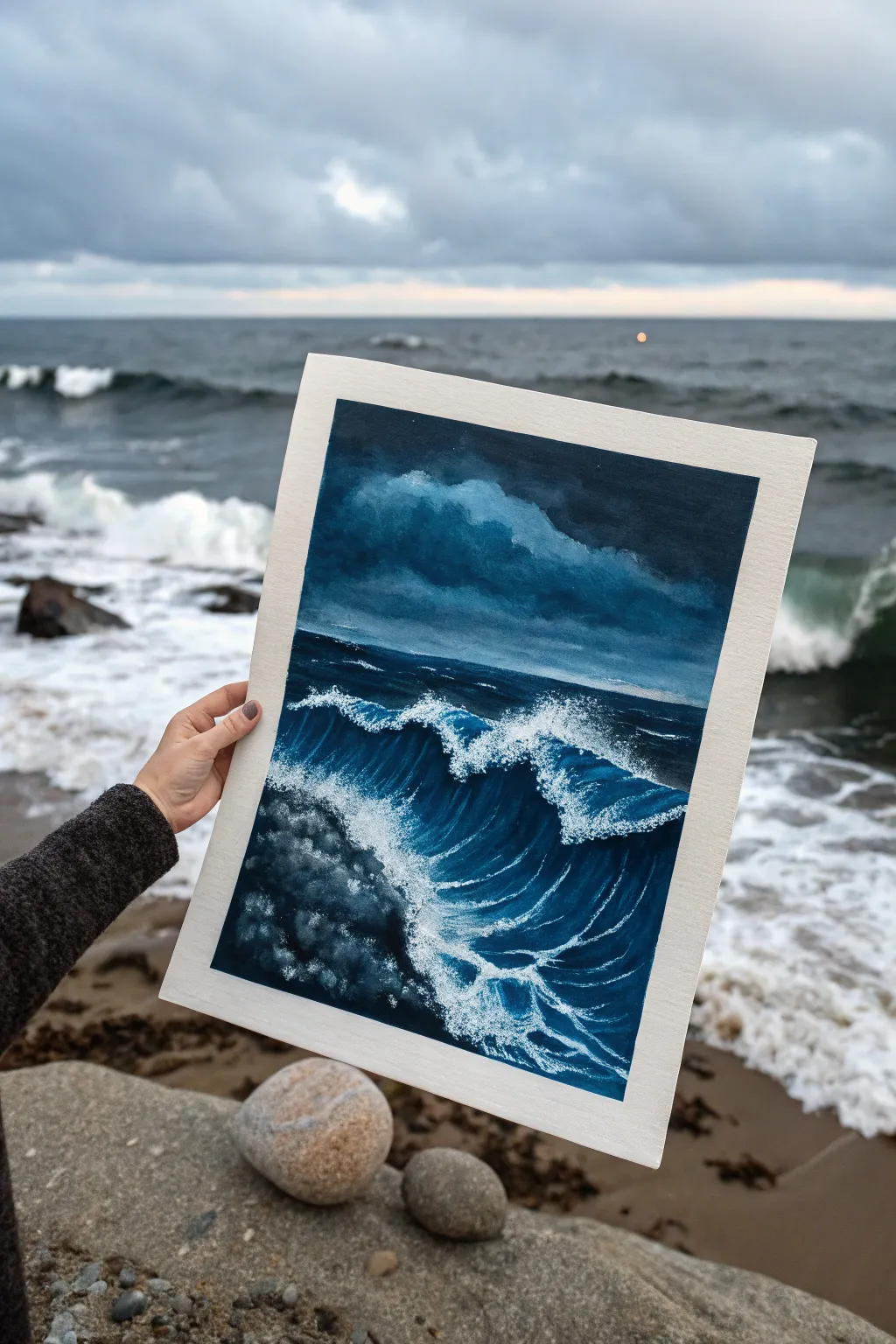Midnight ocean waves in deep blue-black with crisp foam highlights, minimalist and calming.
