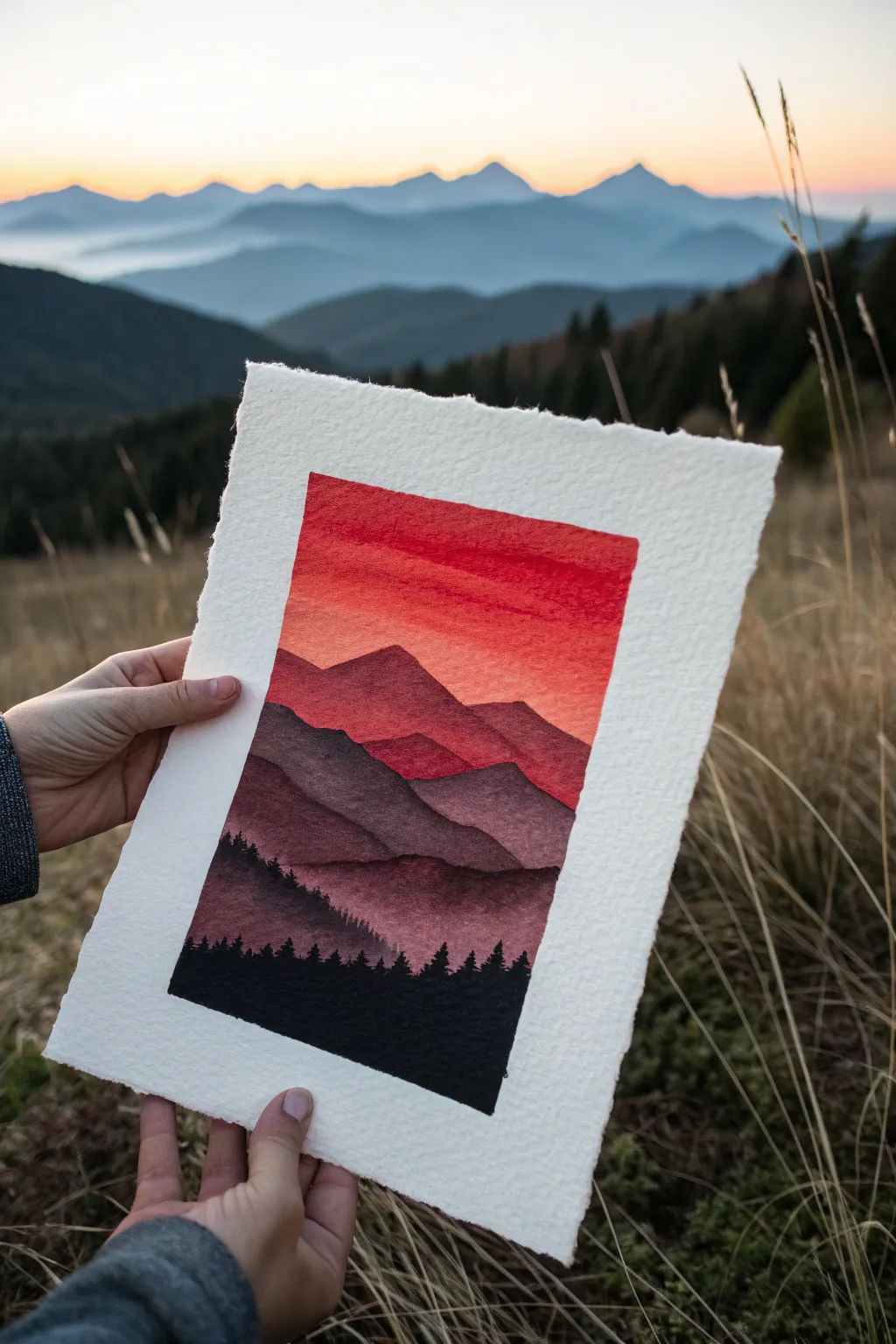 Minimalist black mountain layers with a vivid red sunset band for a calm Scandinavian-boho vibe