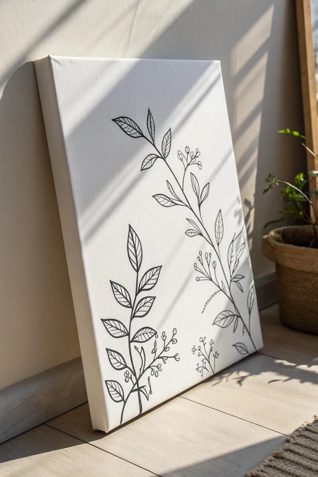 Calm black botanical line art on a white canvas, minimal and airy for an easy DIY painting.