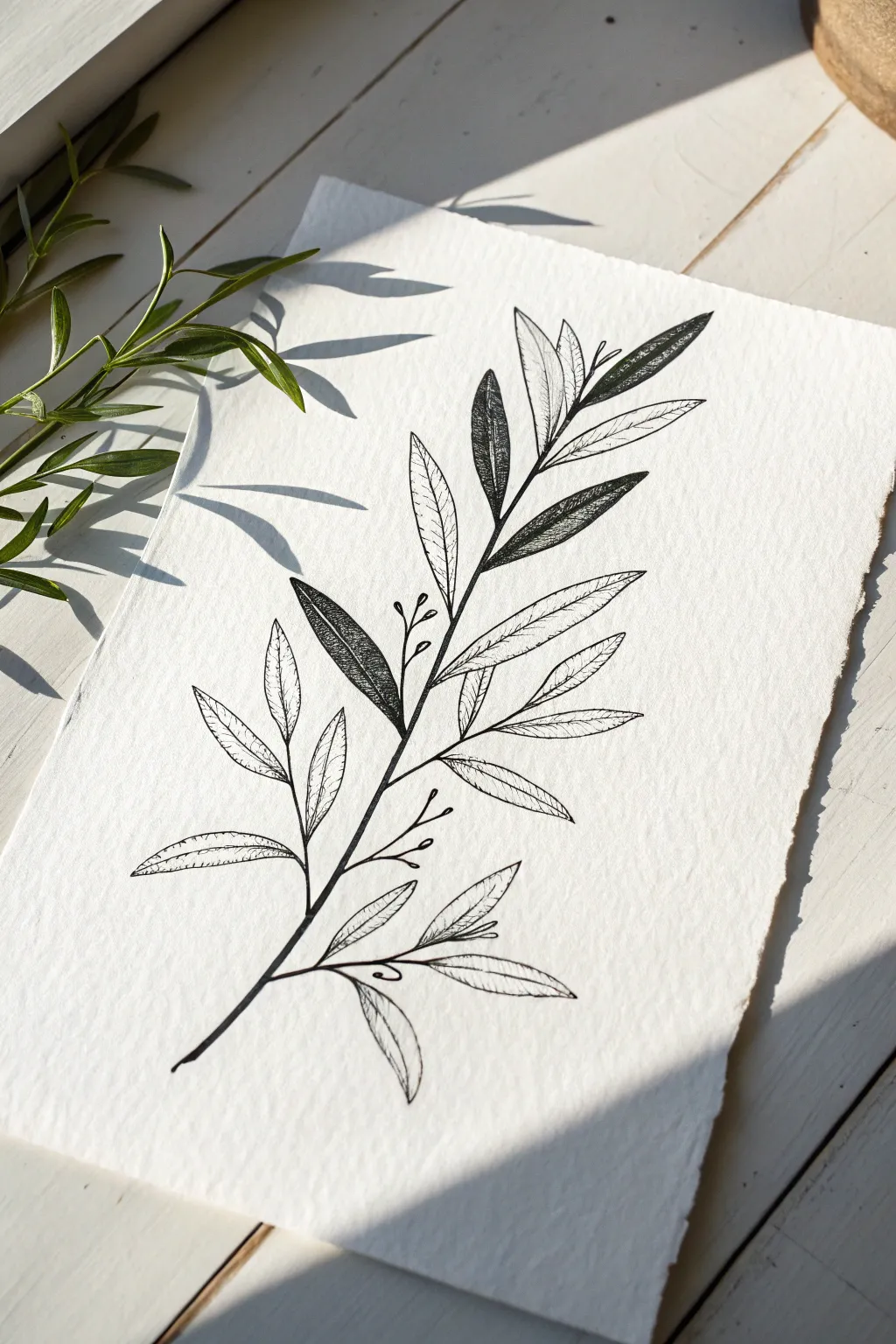 Minimal botanical line sprig with bold black leaf fills, crisp contrast on clean white paper.