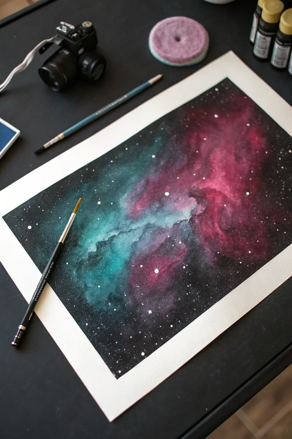 Two bold hues drift through smoky nebula mist on black, with tiny white star highlights.