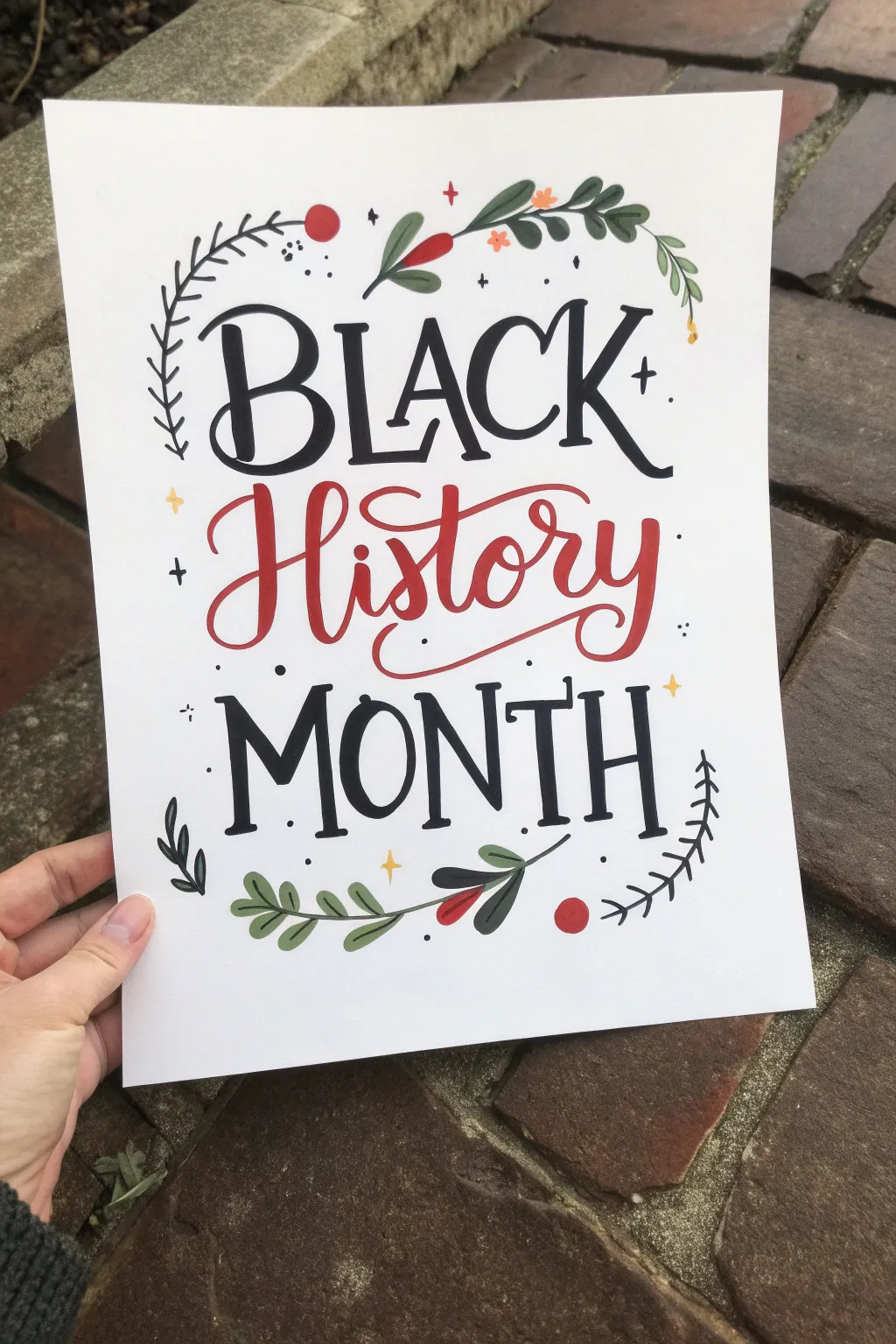 Clean Black History Month typography poster with red, black, and green accents and handmade details