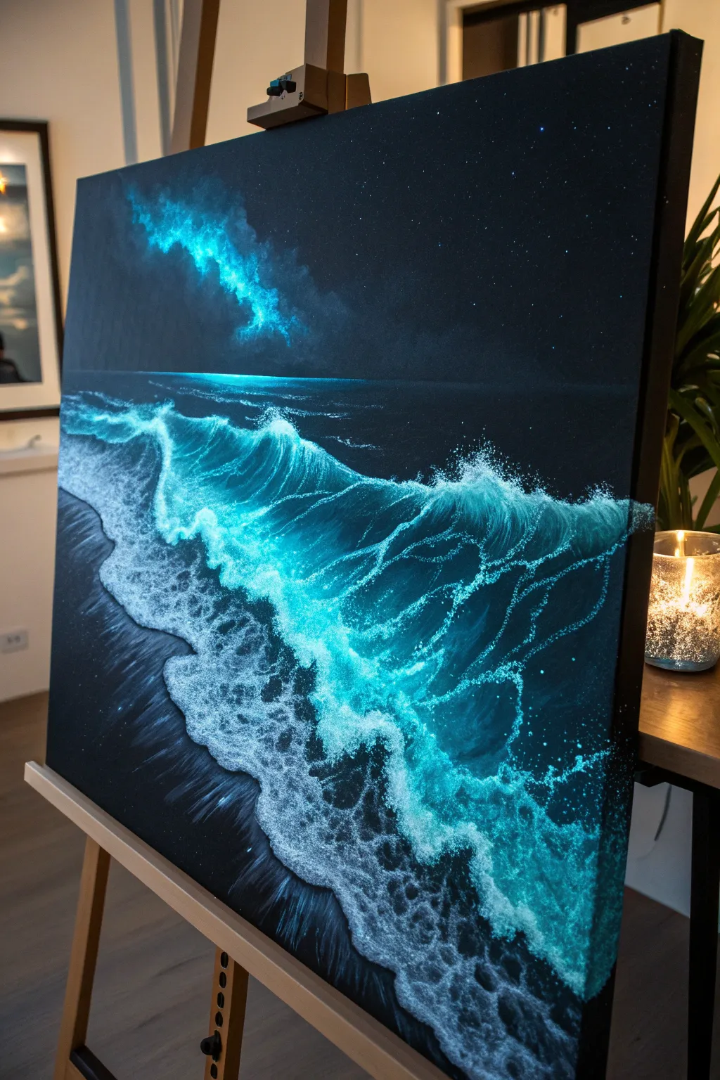 DIY black light ocean wave art with glowing plankton foam lines in a minimalist night palette