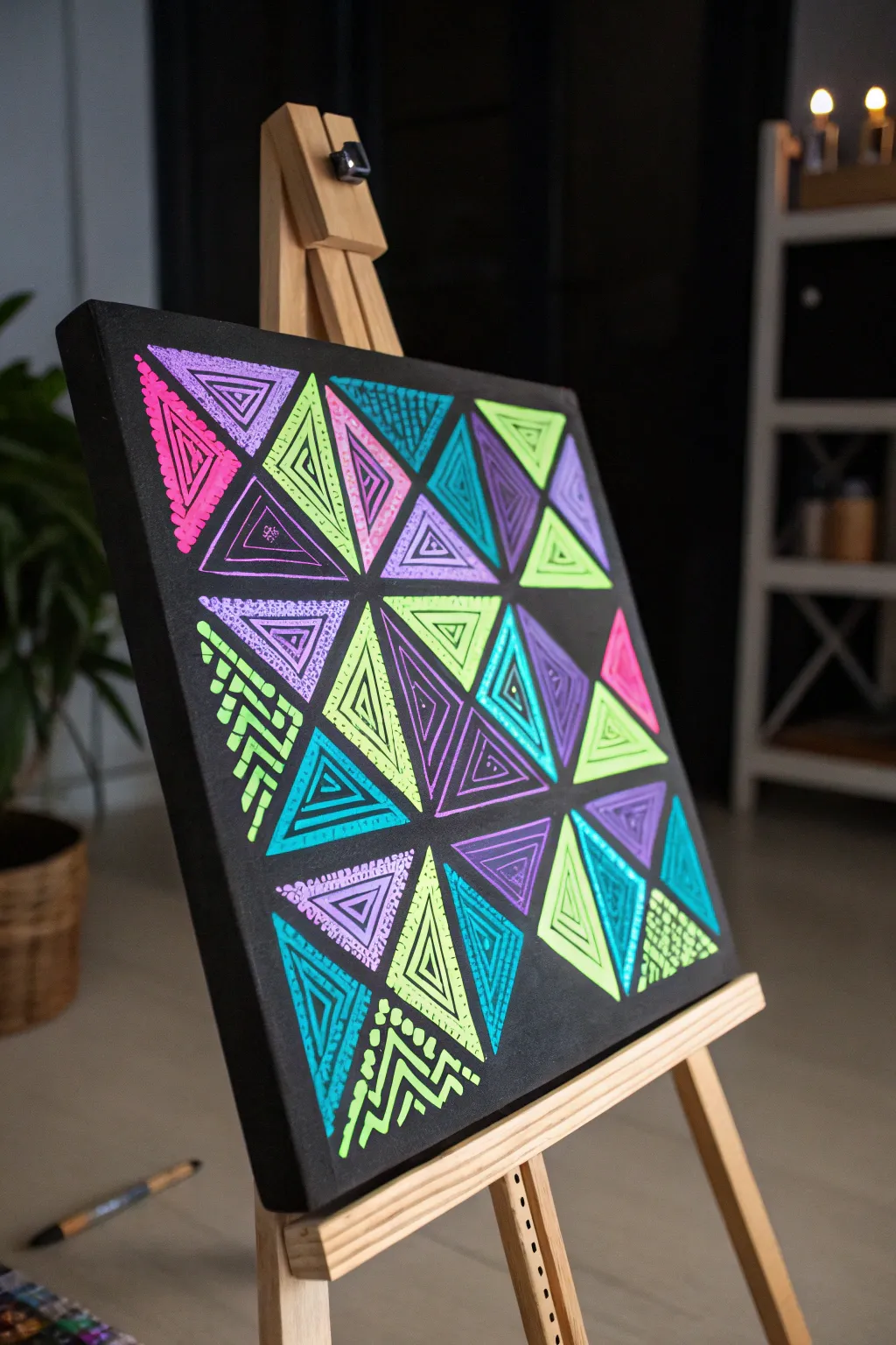 Glow-in-the-dark grid art: neon triangles and zigzags on a centered canvas under UV light