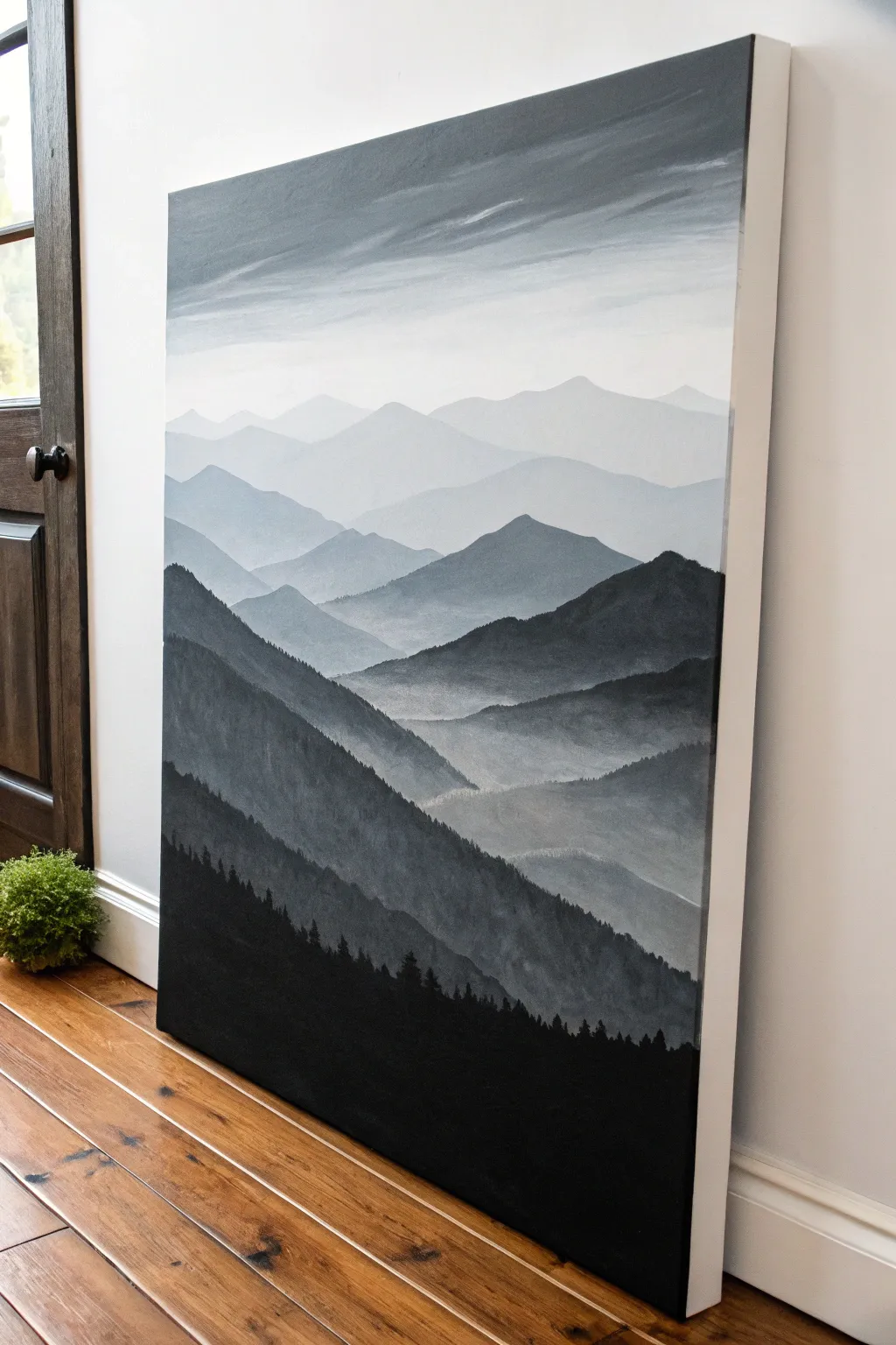 Misty layered mountains on black canvas with pale highlights and soft fog, calm and bold.