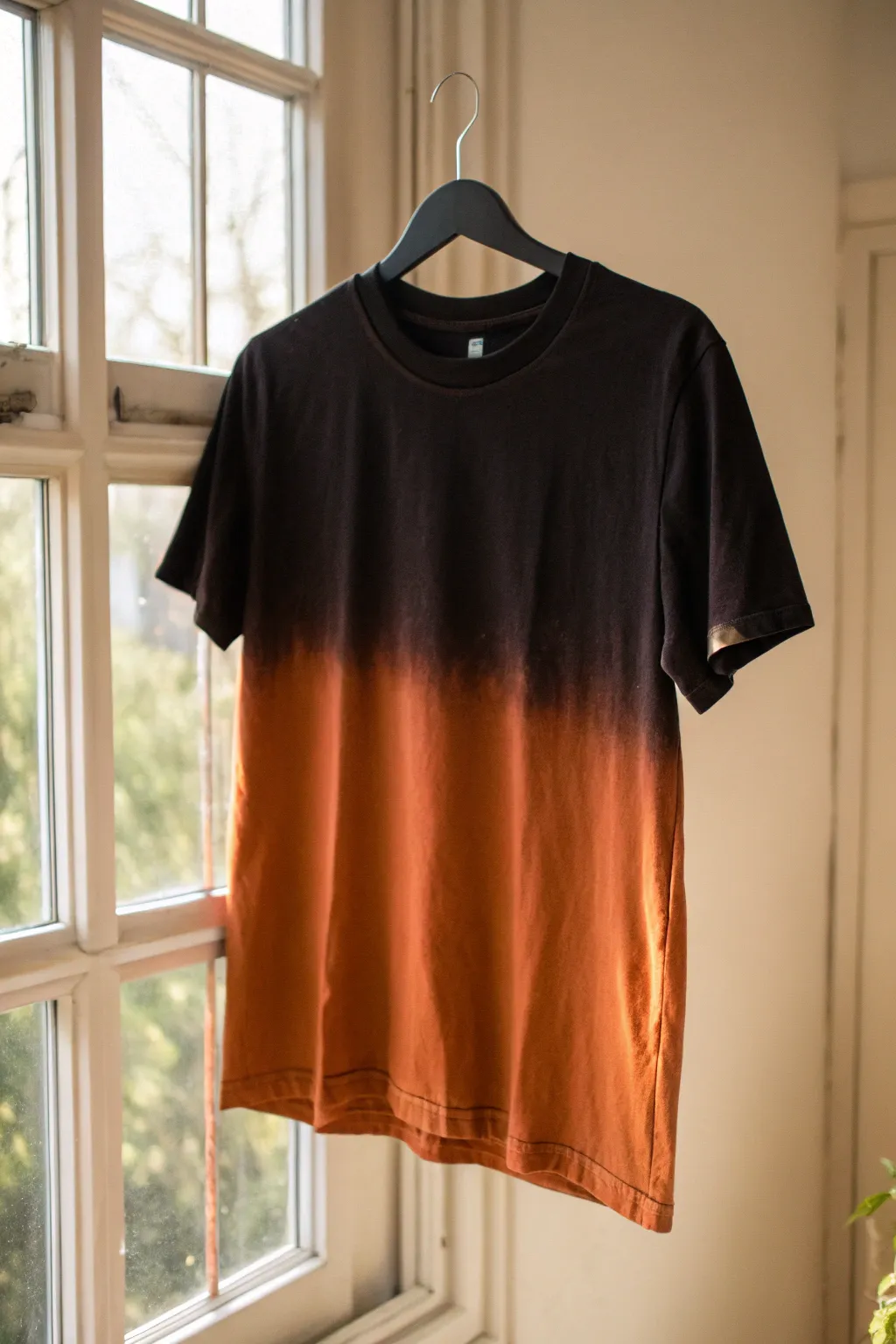 Soft ombre bleach dip-dye: black tee melts into coppery orange, drip-drying to perfection.