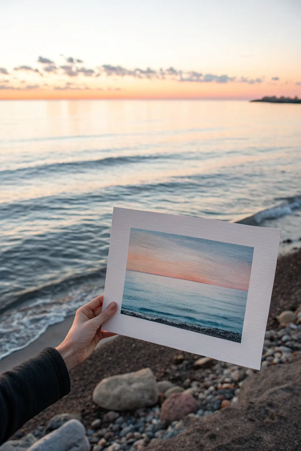 Ocean horizon mirror blending: calm sky gradient reflected in soft, darker sea bands