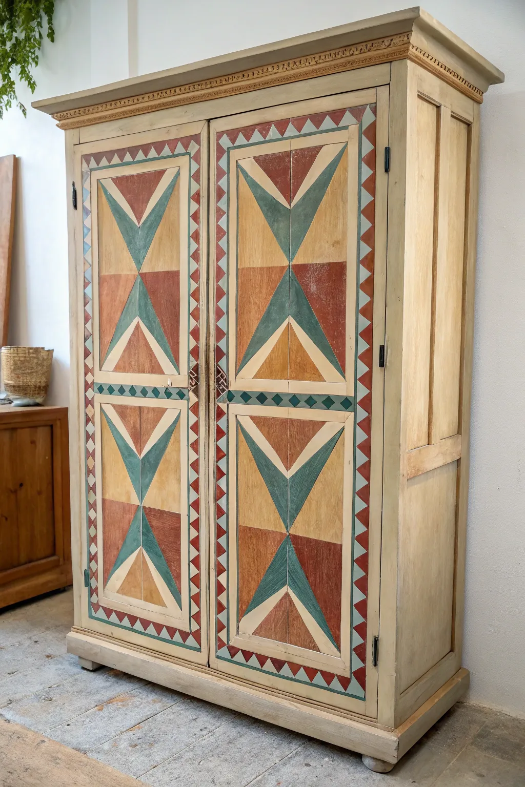 Moroccan geometric blocks on a boho cabinet in earthy jewel tones, crisp and minimal.