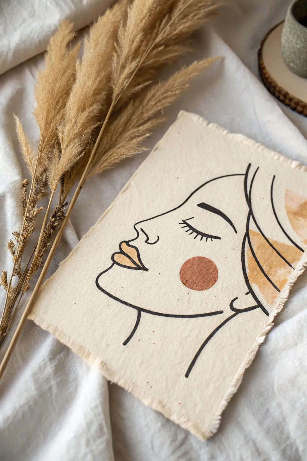 Easy boho one-line face art on a sandy neutral wash with a tiny terracotta accent dot