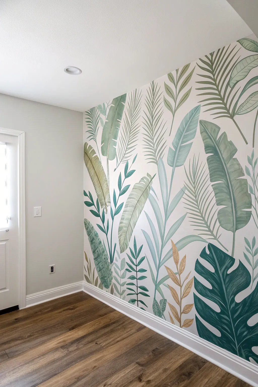 Corner-wrap jungle leaf mural in sage and olive, blending gently with real plants