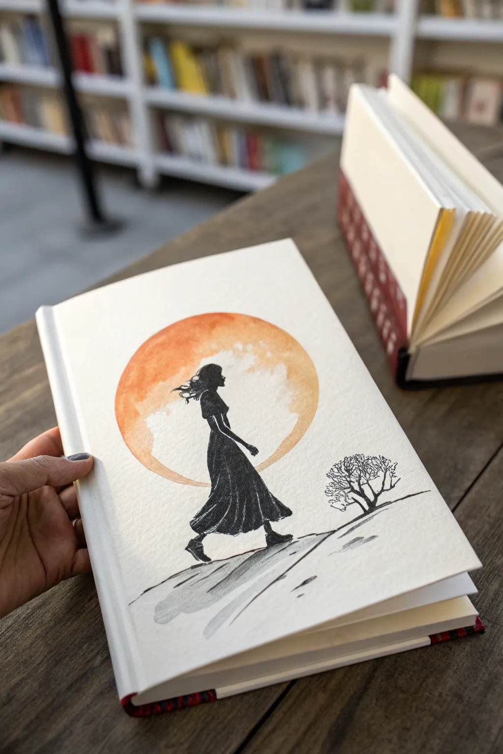 Bold silhouette in a warm spotlight, minimalist book cover sketch with clean space for the title