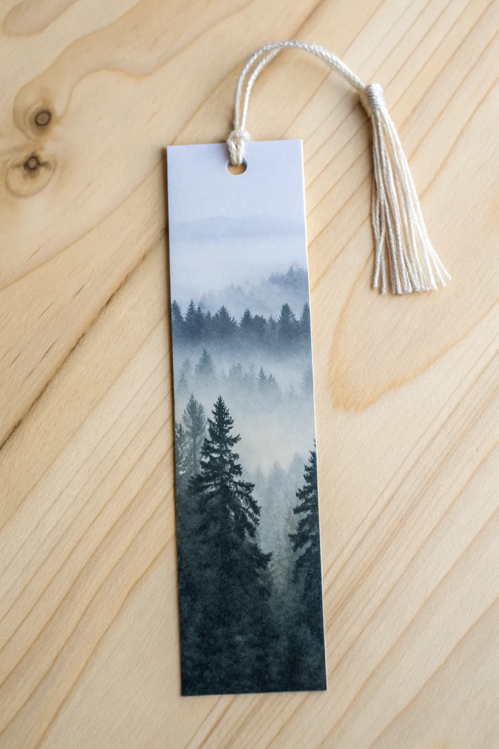 Pine forest silhouette fade acrylic bookmark, minimalist Nordic mood with a soft boho calm.