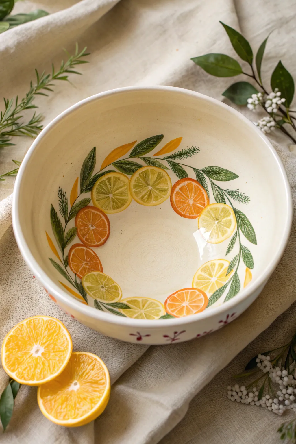 Lemon and orange slice wreath inside a minimalist bowl, bright highlights and fresh summer contrast
