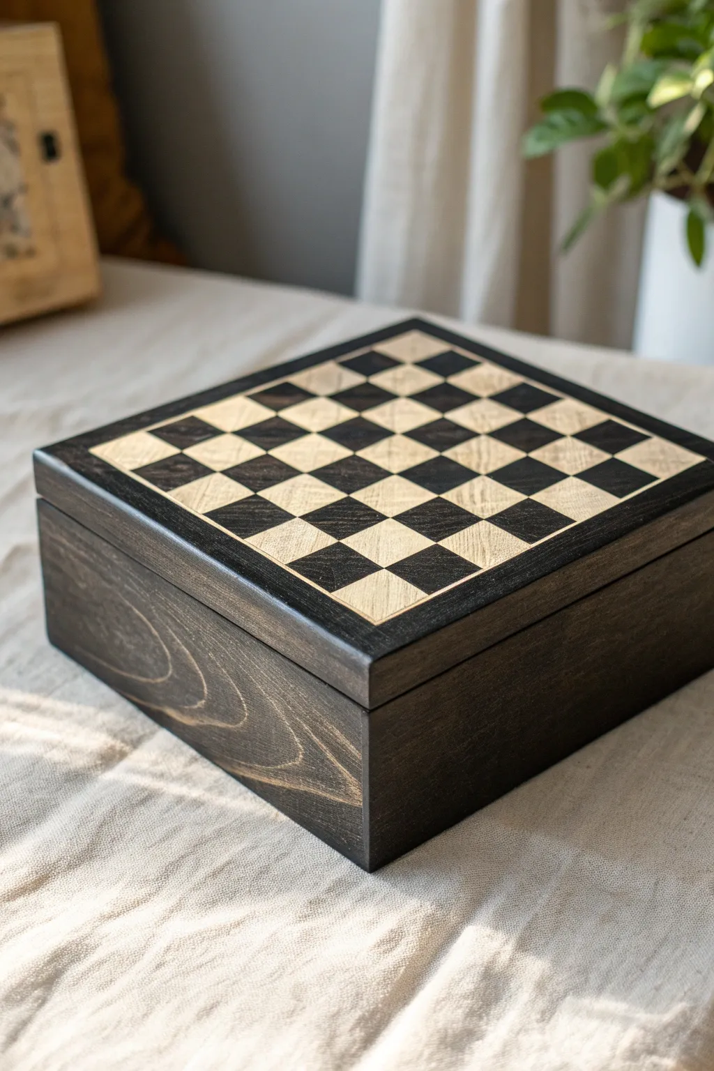 Bold classic checkerboard box painting idea with clean lines, high contrast, and handmade charm