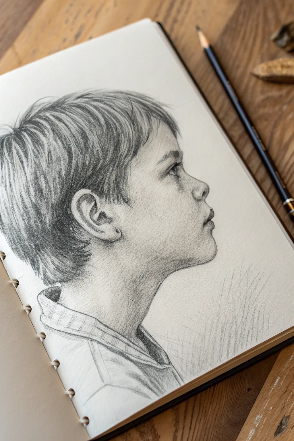 Simple boy portrait sketch with hair tucked behind the ear, clean lines and soft shadows.