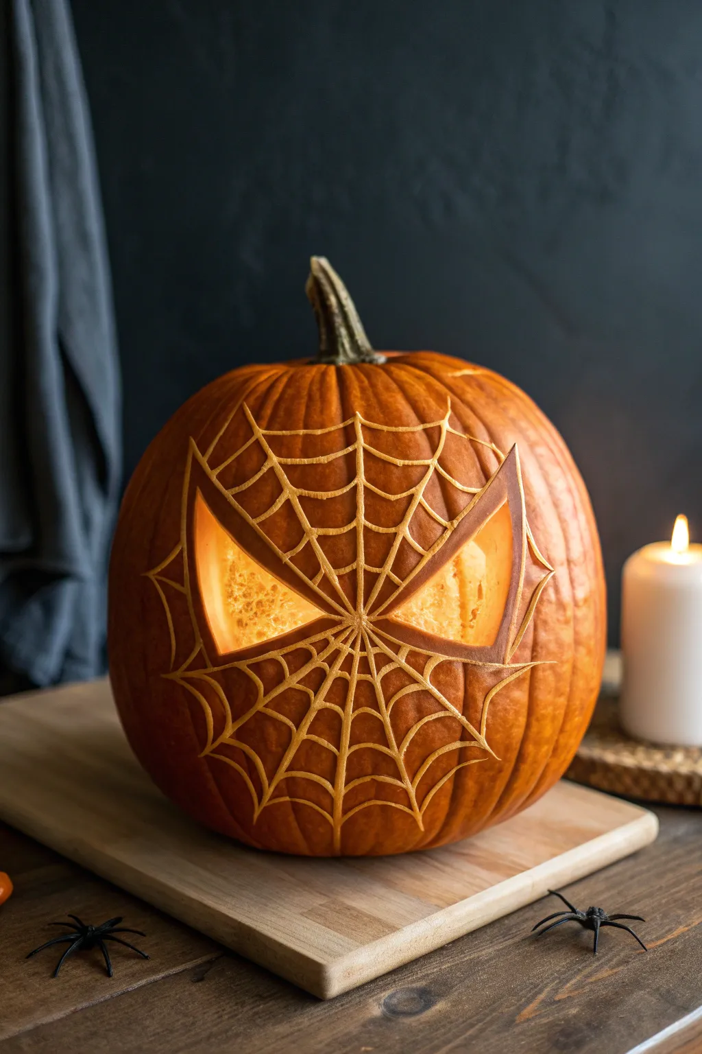 Bold webbed mask pumpkin glowing from within, a clean Scandinavian-boho Halloween centerpiece