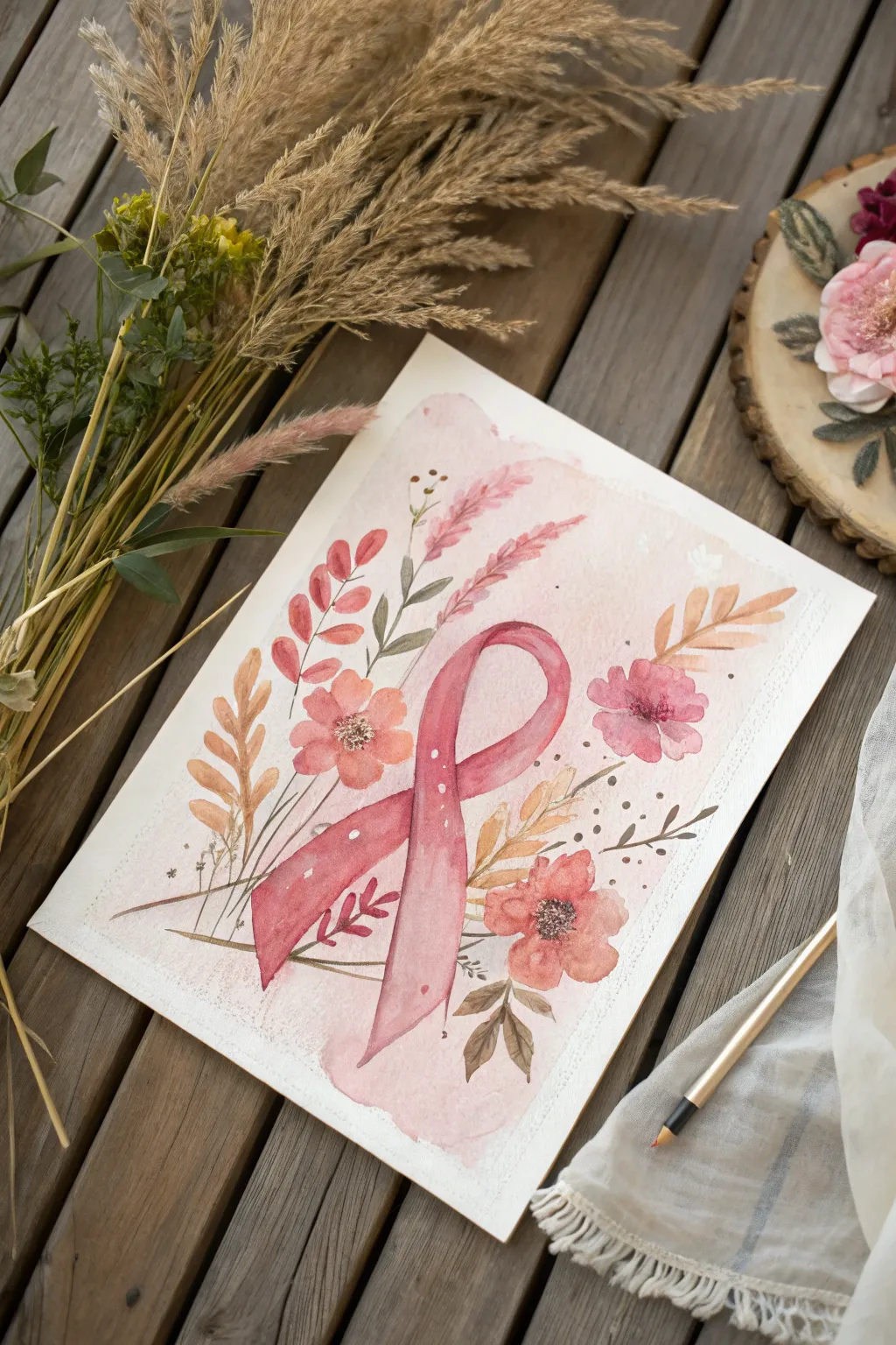 Soft pink watercolor wash with a crisp ribbon centerpiece, minimal awareness art