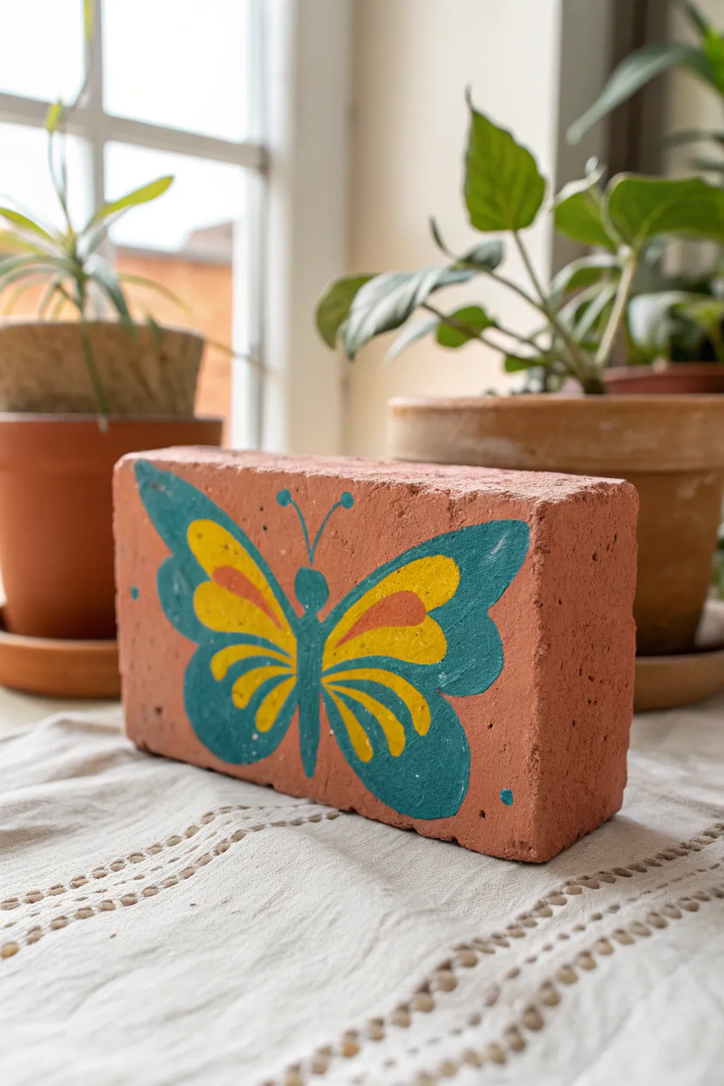 Bright butterfly brick art with a clean Scandinavian look and a soft boho garden touch