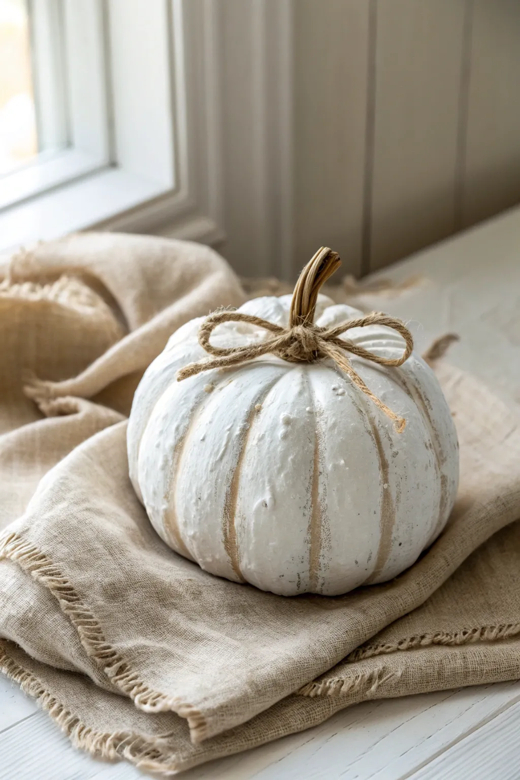 Rustic whitewashed bumpy pumpkin with twine and linen styling, minimalist boho texture.