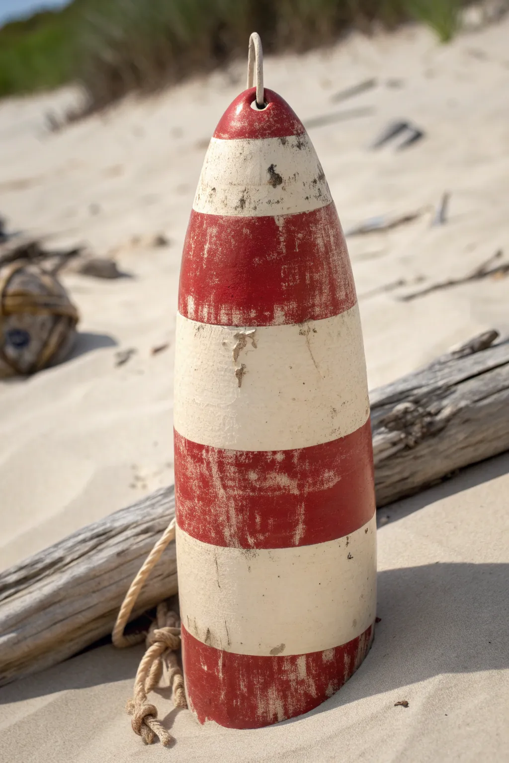 Salt-worn striped buoy with chipped paint and driftwood styling for coastal boho minimal vibes