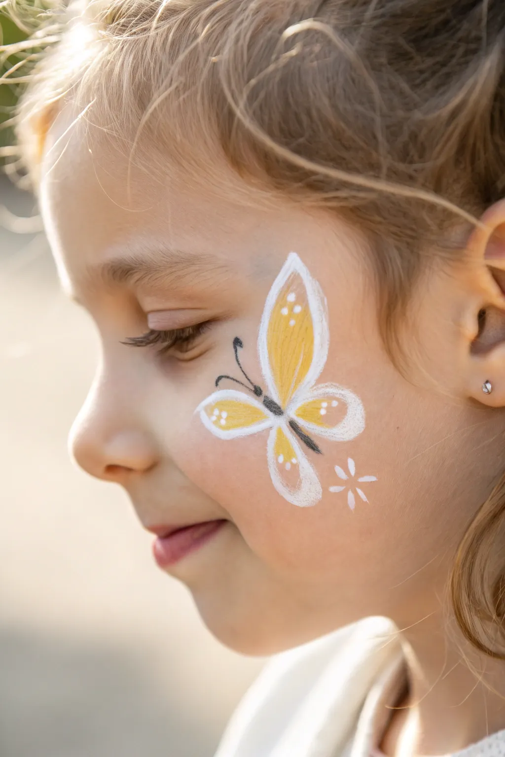Fast cheek butterfly face paint with bright wings, tiny body, and clean lines for wiggly kids