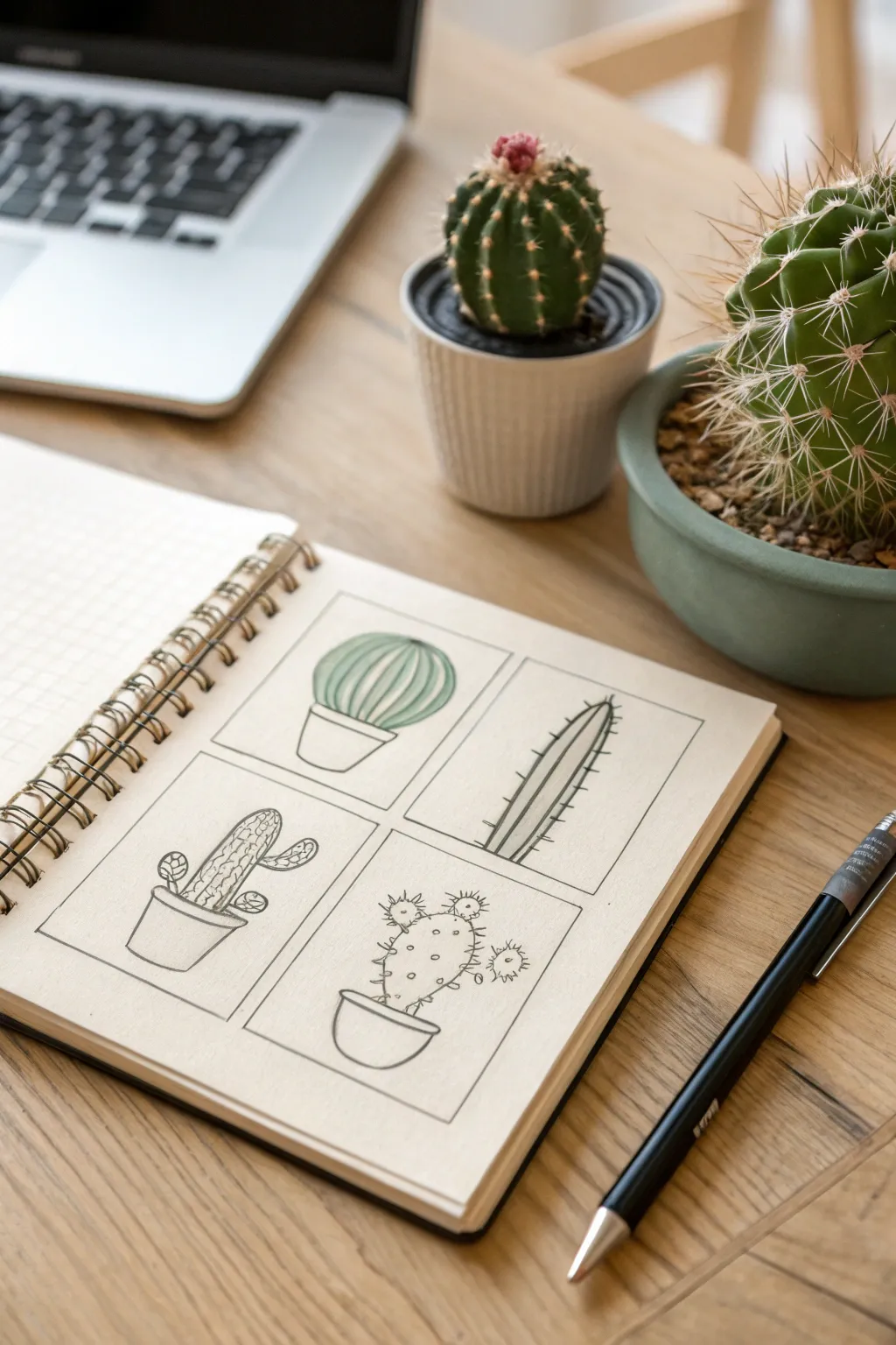 Minimal grid cactus sketch steps: from pot shape to ribs, spines, and a polished final drawing