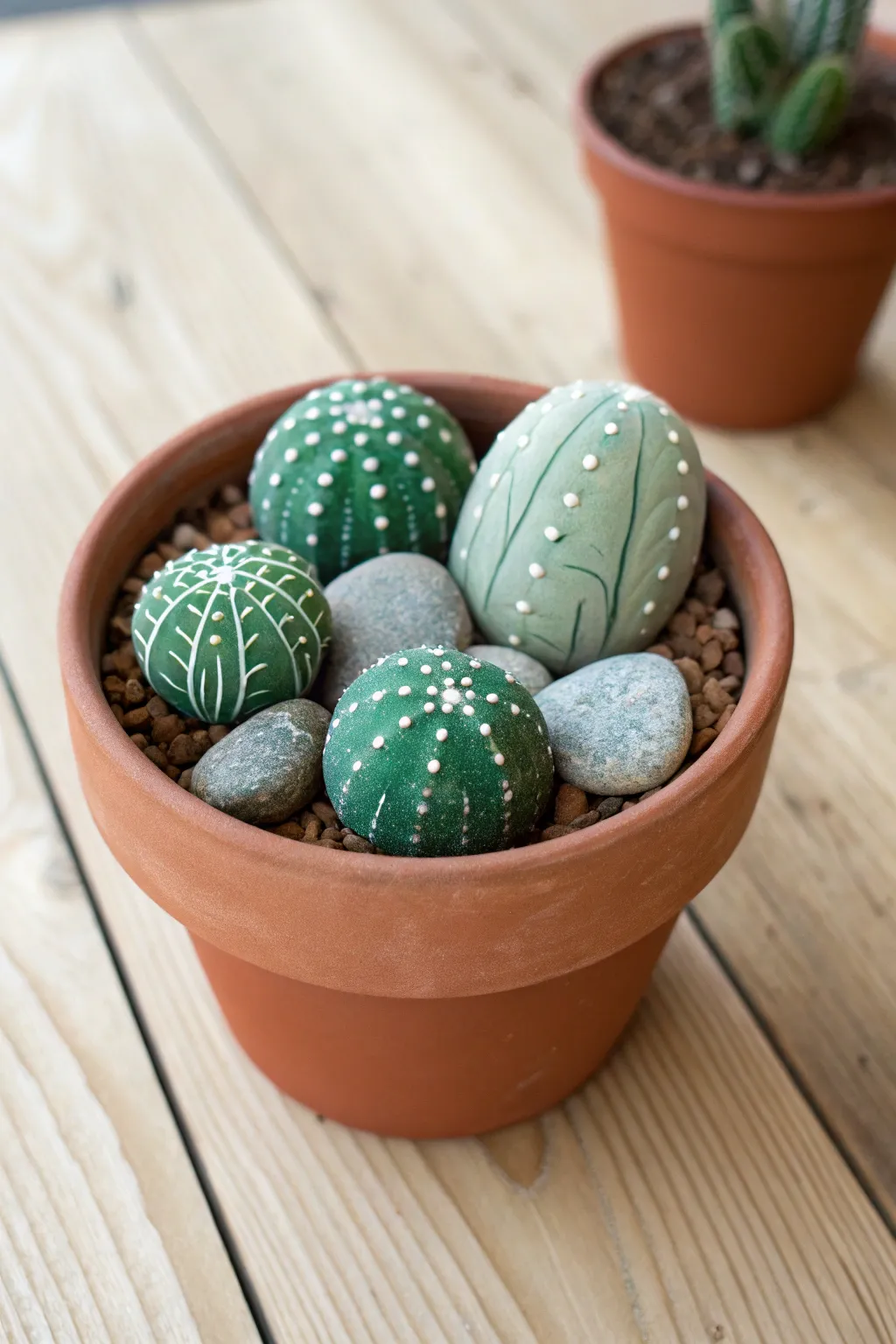 Gradient green cactus rocks in one terracotta pot for soft, realistic dimension