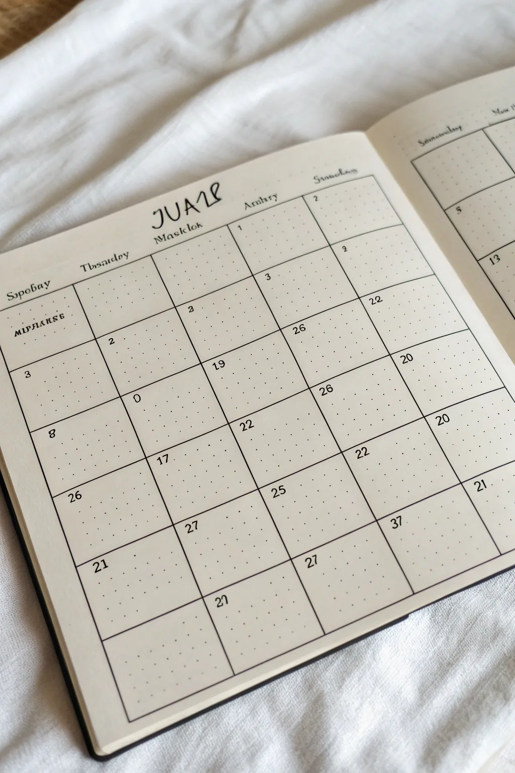 Weekend pattern-filled calendar grid for instant scanning, minimalist and craft-forward