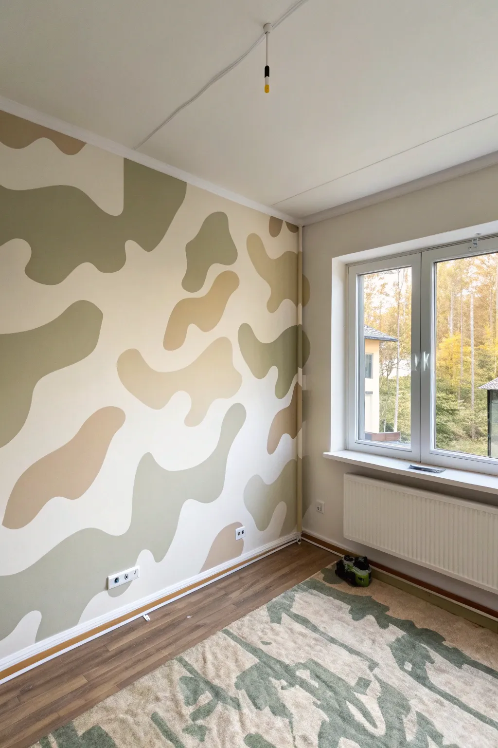 Cozy oversized camo accent wall sketch in progress, minimalist Scandinavian vibe with boho warmth
