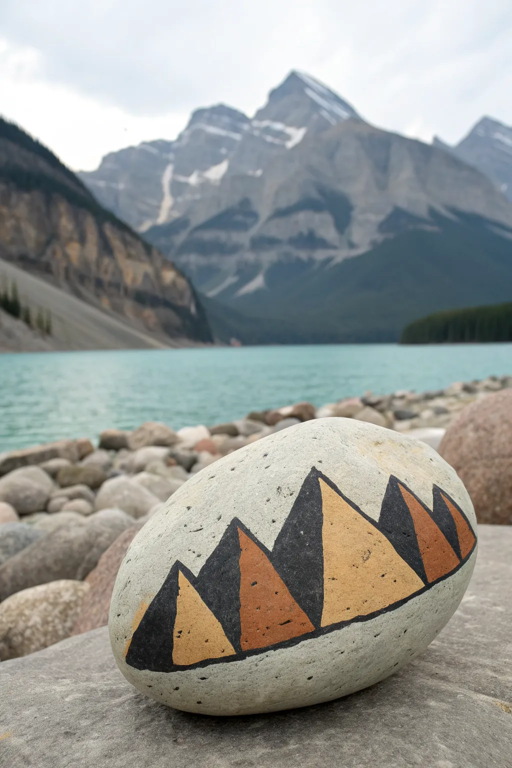 Minimal mountain-and-lake painted rock for camping crafts, bold shapes and soothing blue ripples.