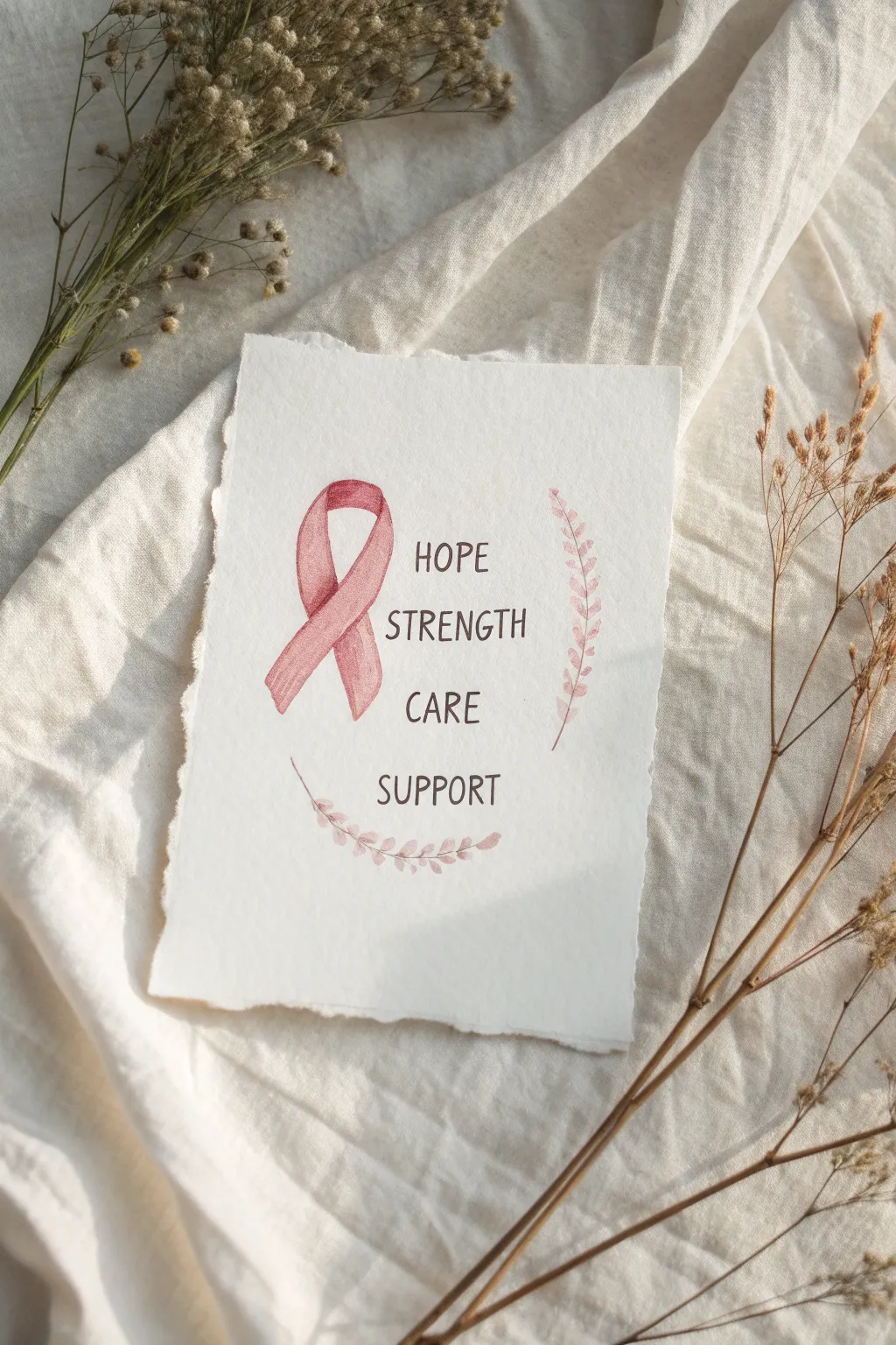 Gentle cancer ribbon drawing with a word halo to inspire hope, strength, care, support