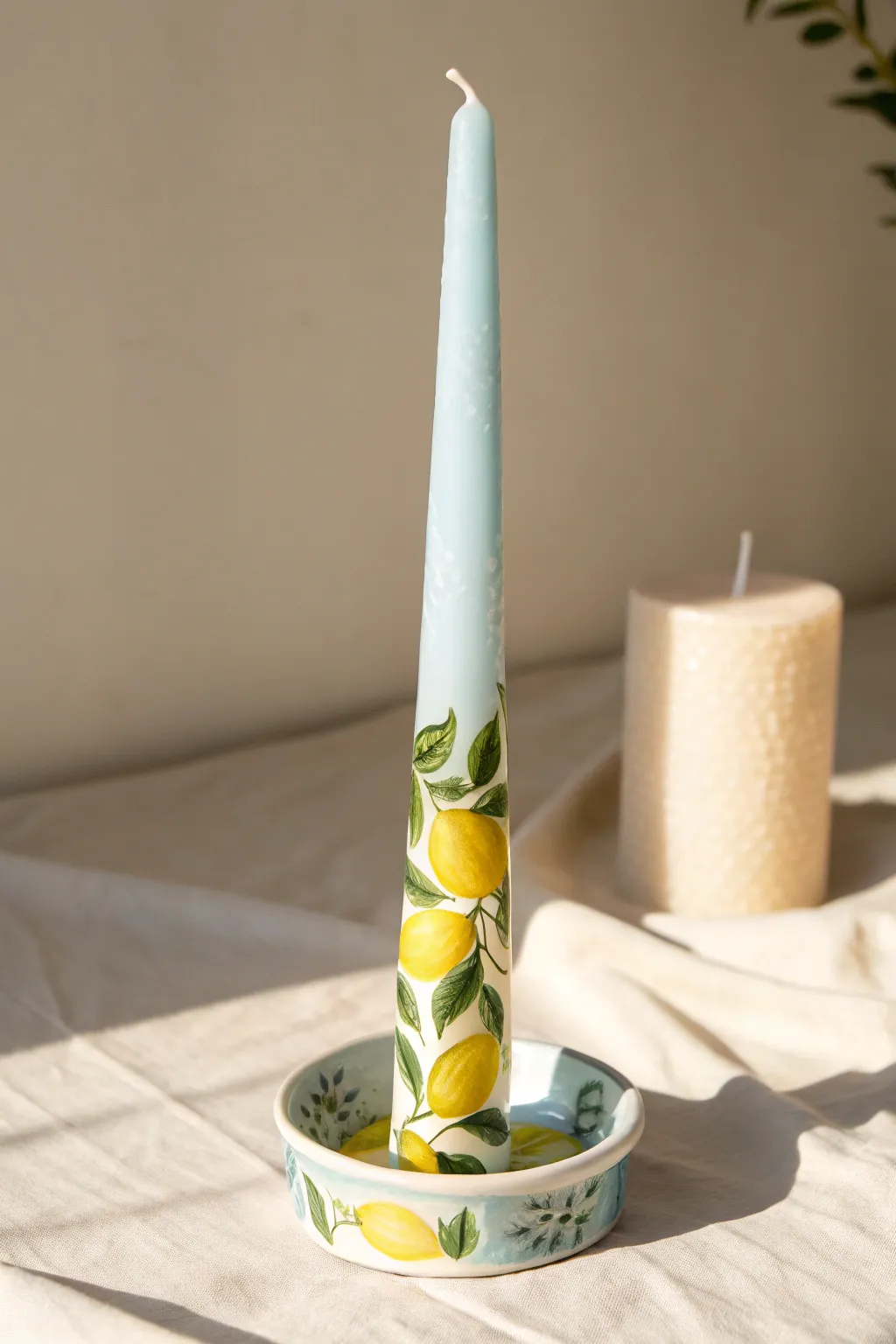 Summer vibes on a candle! 🍋 Add a zesty twist to your decor with this painted lemon pattern.