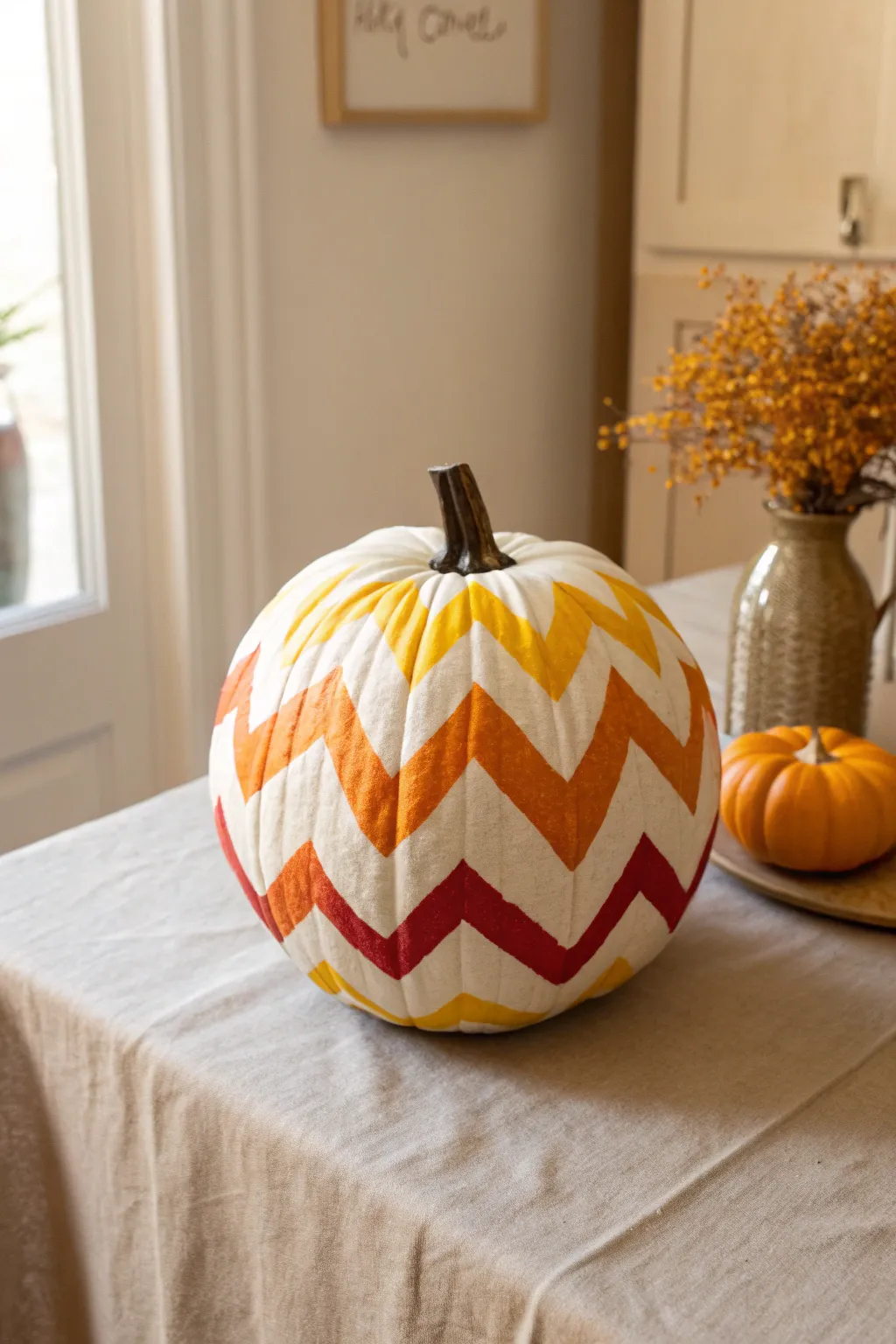 Modern candy corn chevron pumpkin centerpiece in Scandinavian neutrals, simple and bold
