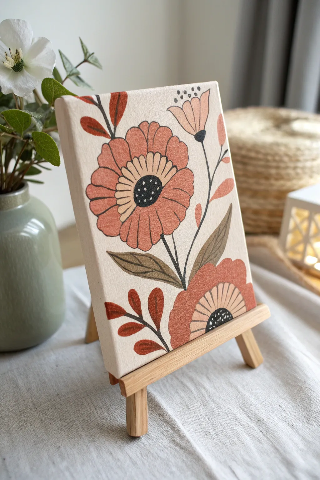 Easy bold flower close-up on a canvas board, minimal background and cozy Scandinavian boho contrast