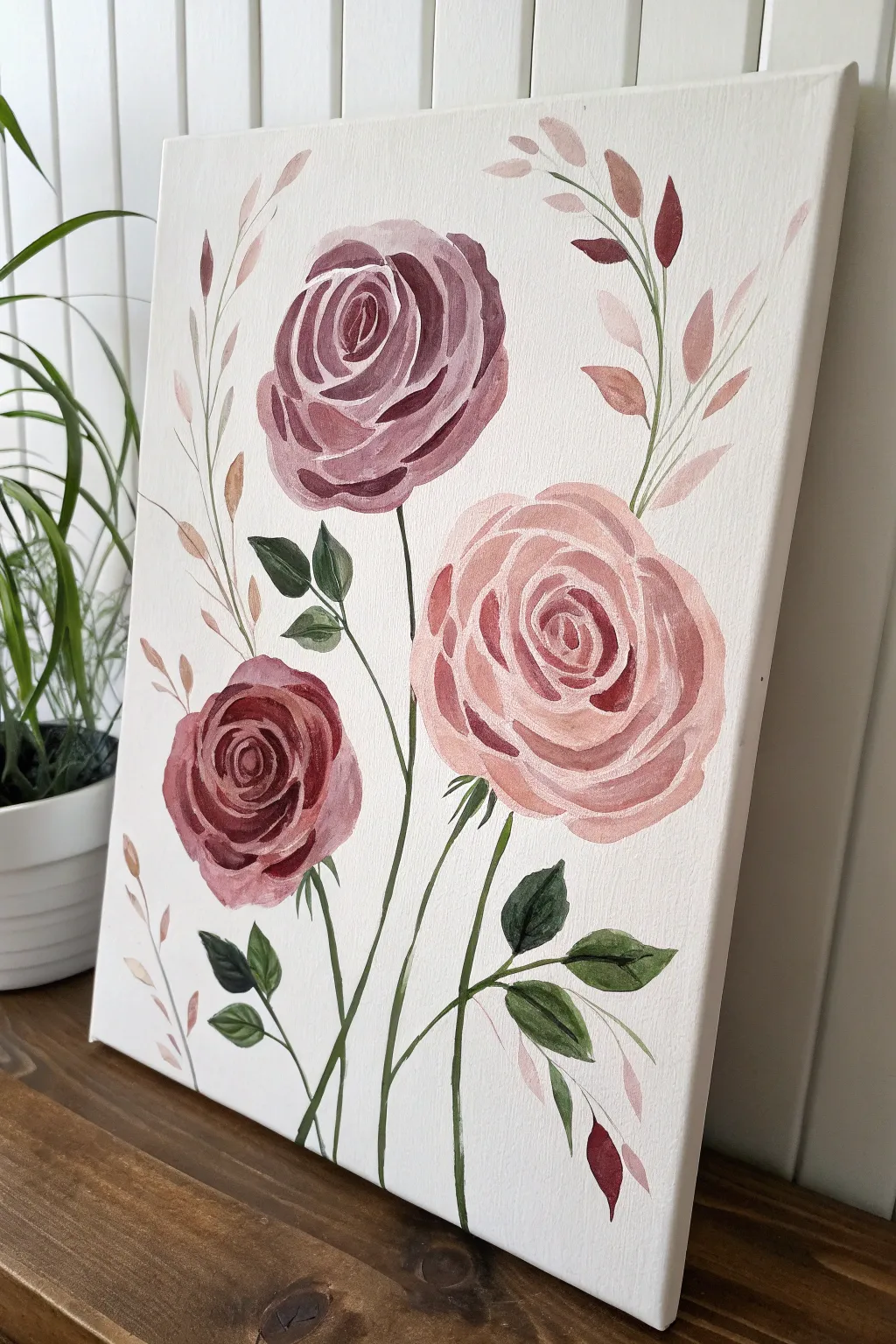Minimal spiral rose blooms on canvas, soft highlights and deep shadows for modern boho calm.