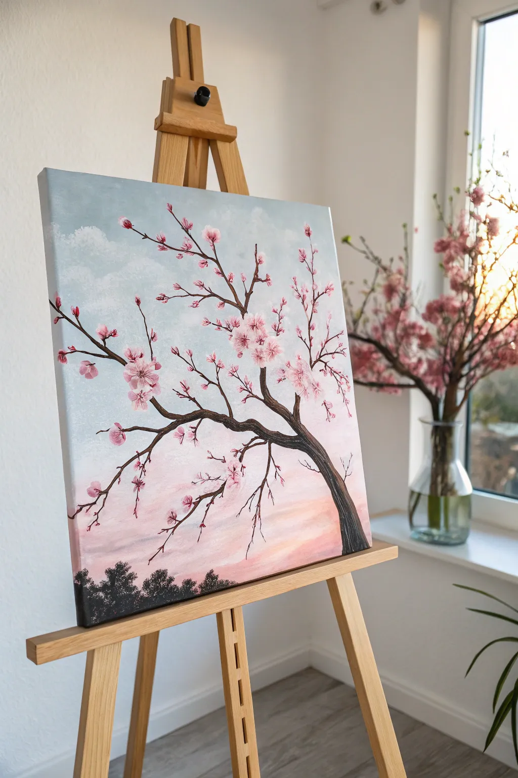 Cherry blossom tree canvas idea: dark branches, pink dabs, and a dreamy minimalist sky