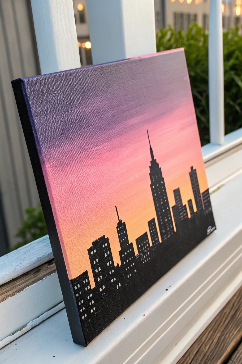 Minimal dusk skyline canvas with bold black silhouette and tiny golden window lights