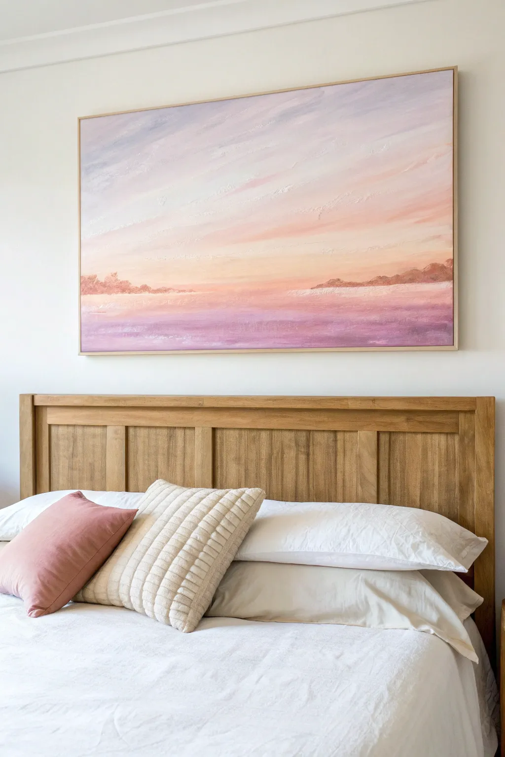 Sunrise gradient canvas above the bed for cozy warmth and soothing color palette harmony